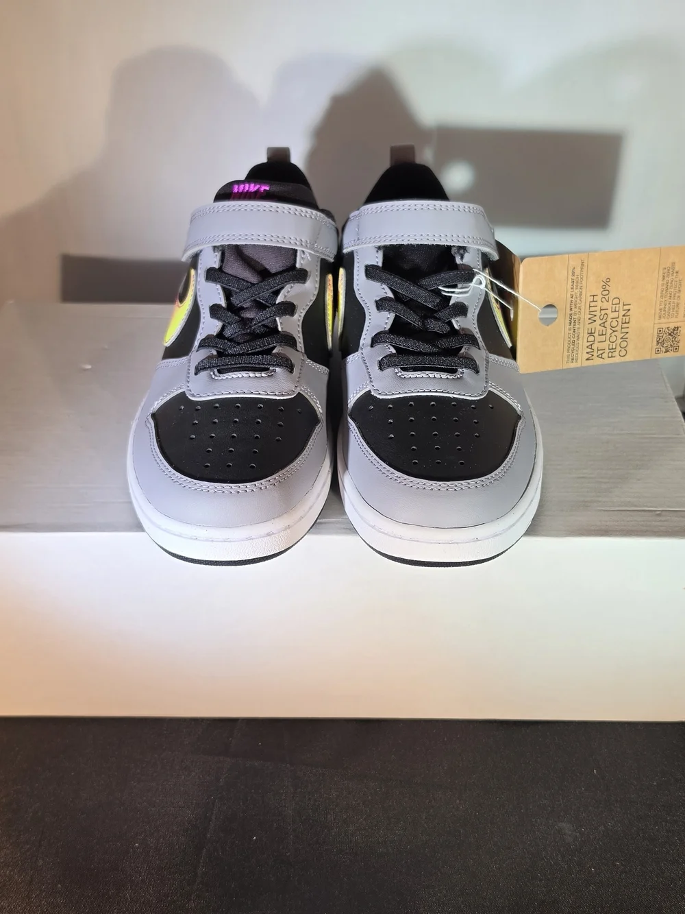 Nike Kids Gray Black Sneakers with Neon Yellow-Pink Gradient Swoosh